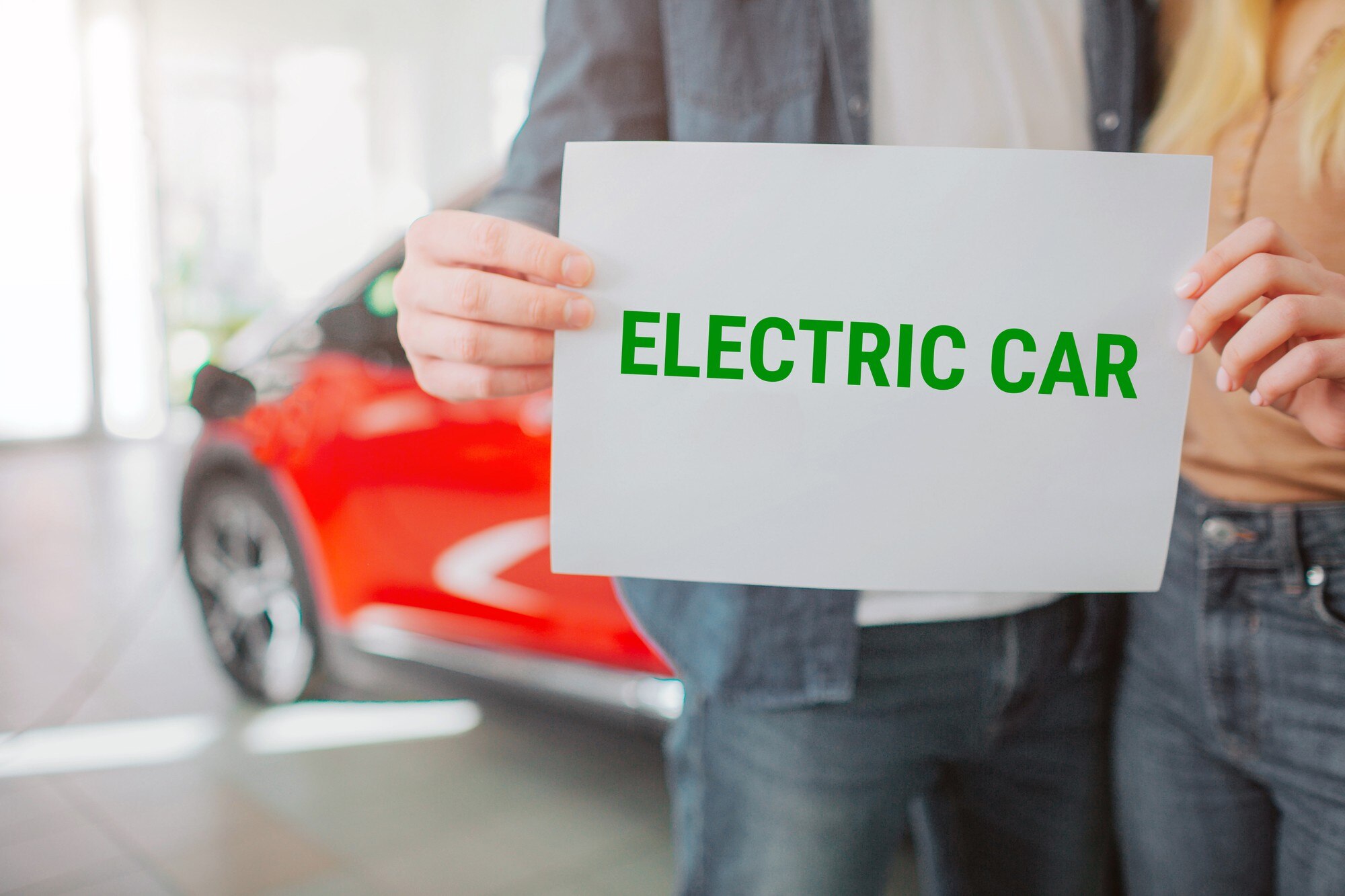 Młoda rodzina kupuje pierwszy samochód elektryczny w salonie. Zbliżenie: trzymając się za ręce papier ze słowem Samochód elektryczny. Ekologiczny samochód elektryczny na baterie dla ochrony środowiska.