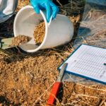 Inspektor agronomiczny badania gleby pobiera próbkę gleby