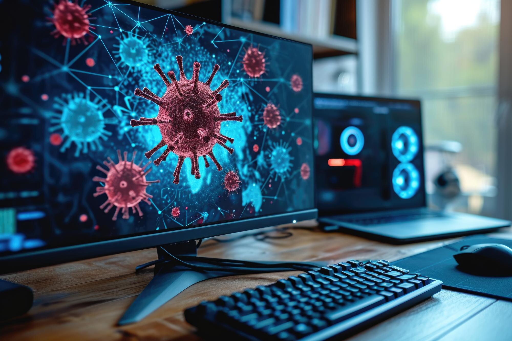 Ekran komputera wykrywa modne złośliwe oprogramowanie hakerskie, które stanowi zagrożenie cybernetyczne