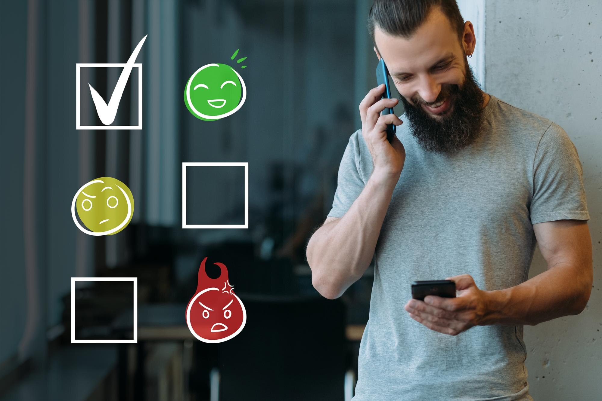 Ankieta biznesowa na temat recenzji mobilnej zadowolony użytkownik telefonu