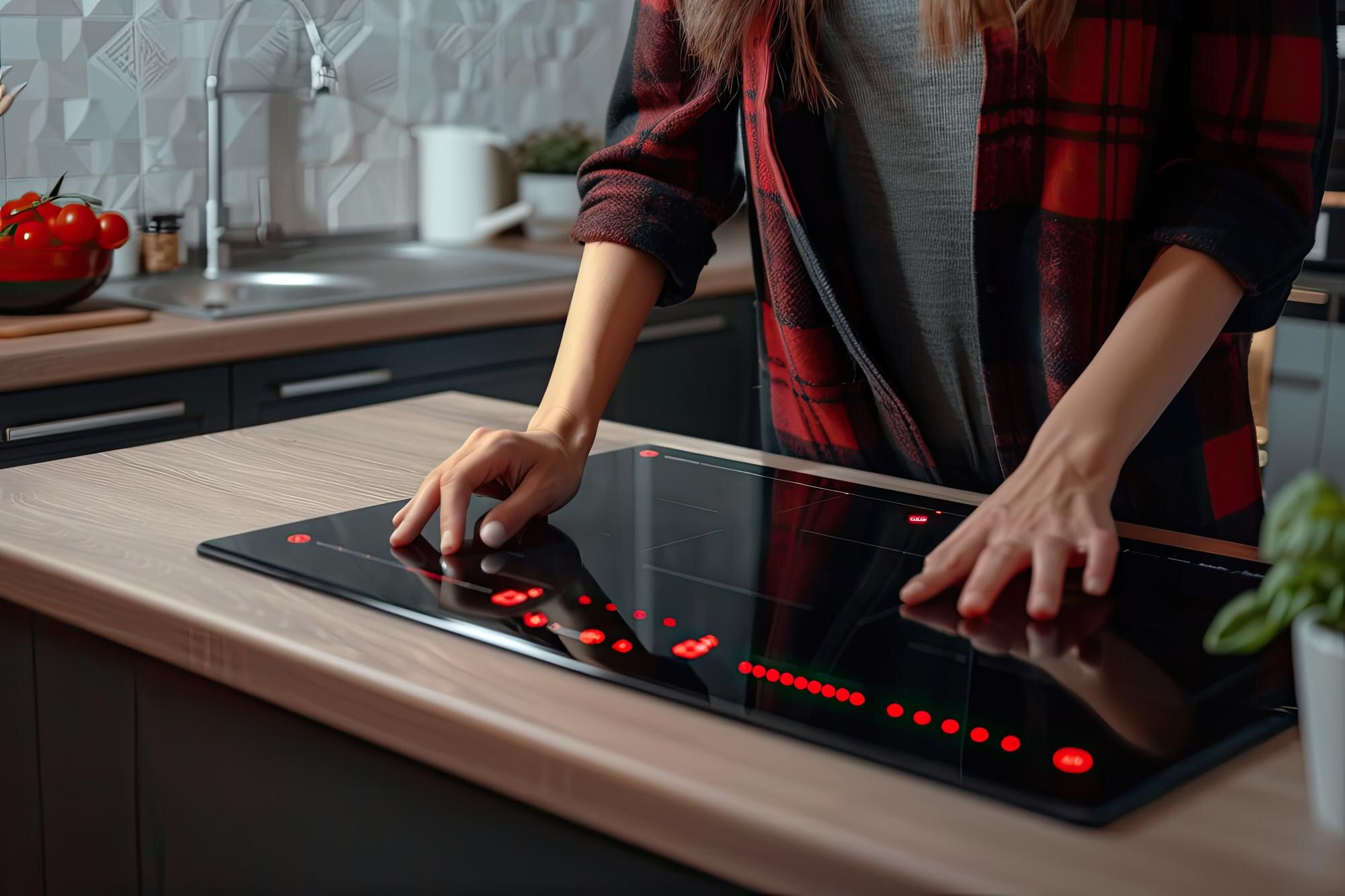 Kobieta włącza piec indukcyjną w kuchni.