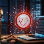 Ostrzeżenie o ataku złośliwego oprogramowania wirusa Osoba korzystająca z laptopa z wirtualnym