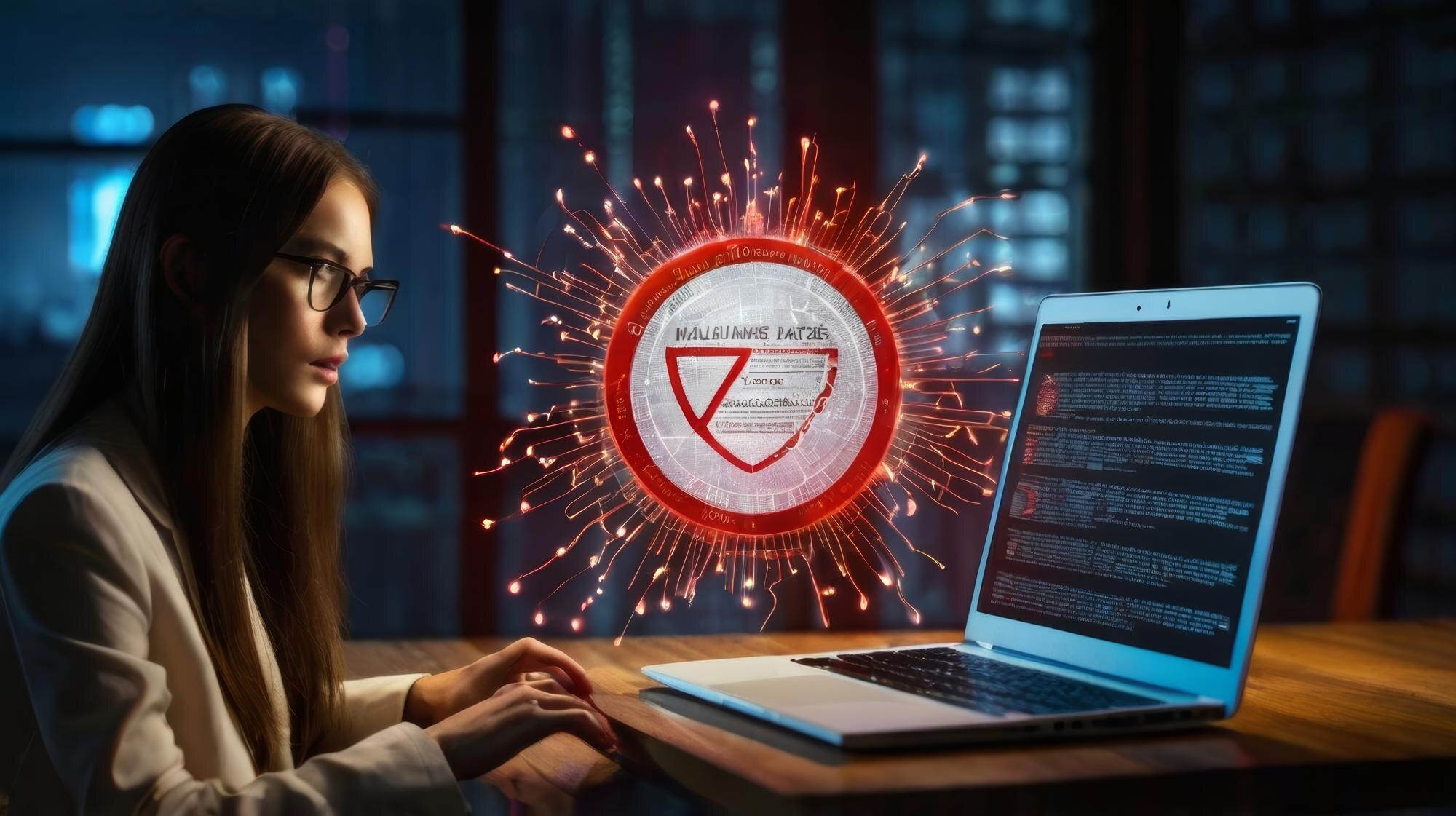 Ostrzeżenie o ataku złośliwego oprogramowania wirusa Osoba korzystająca z laptopa z wirtualnym