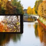 Turysta robi zdjęcie drzewa w pobliżu kanału Landwehr