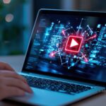 Laptop z przyciskiem odtwarzania i Cityscape