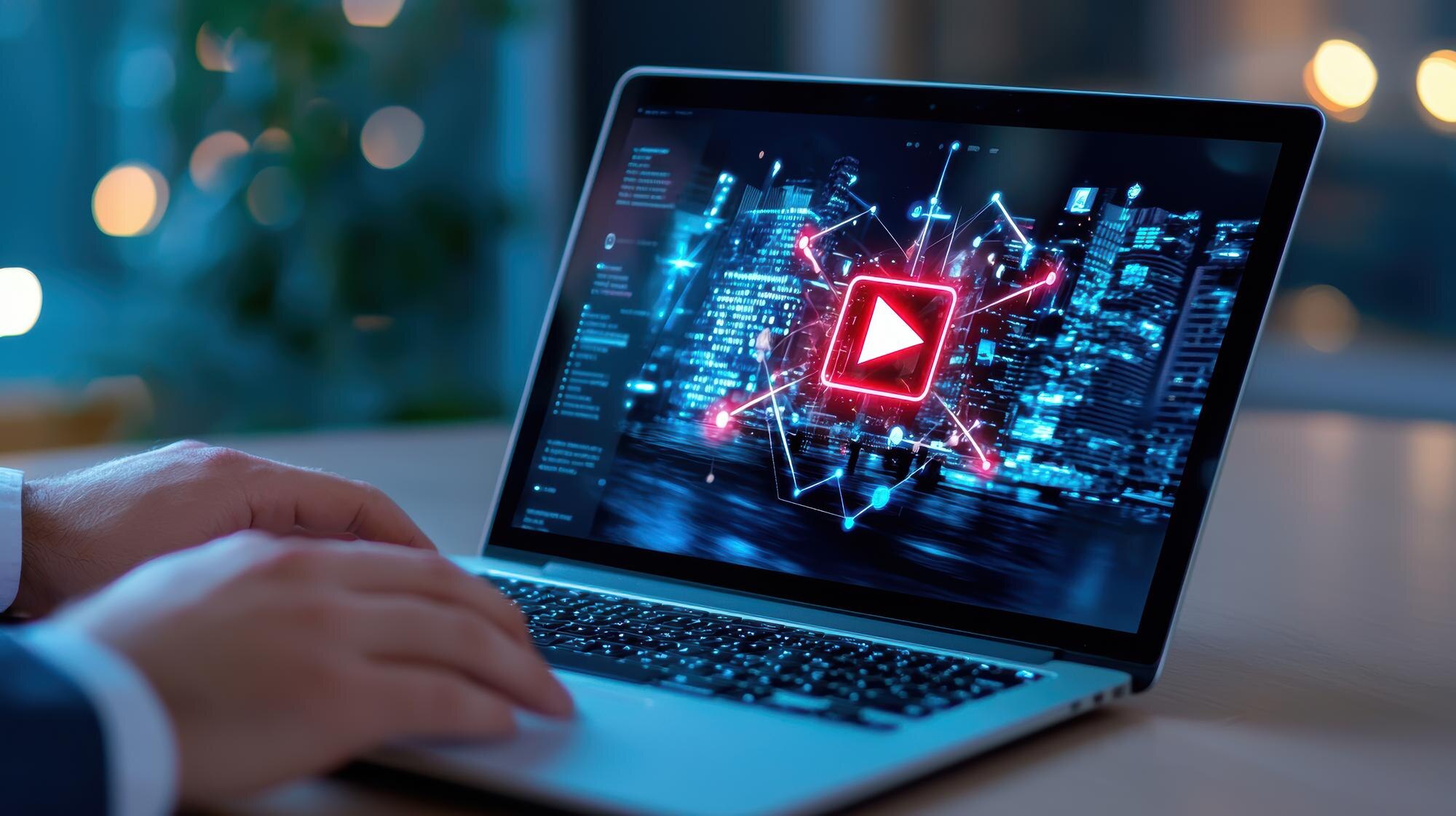 Laptop z przyciskiem odtwarzania i Cityscape