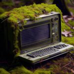 Stary komputer leżący w dżungli Postapokaliptyczna ruina w zielonej dżungli