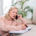 Dziewczyna pracuje w domu, rozmawia przez telefon i pisze notatki w książce.